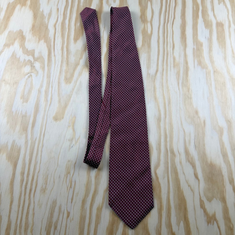 VTG Abercrombie & Fitch Silk Tie Men Burgundy Red White Grid Pattern Made in USA